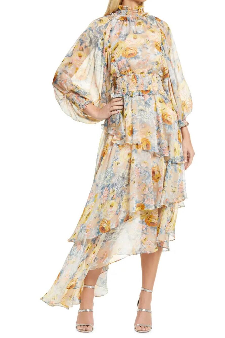 Elliatt Astrid Floral Print Long Sleeve Asymmetric Chiffon Dress Small S